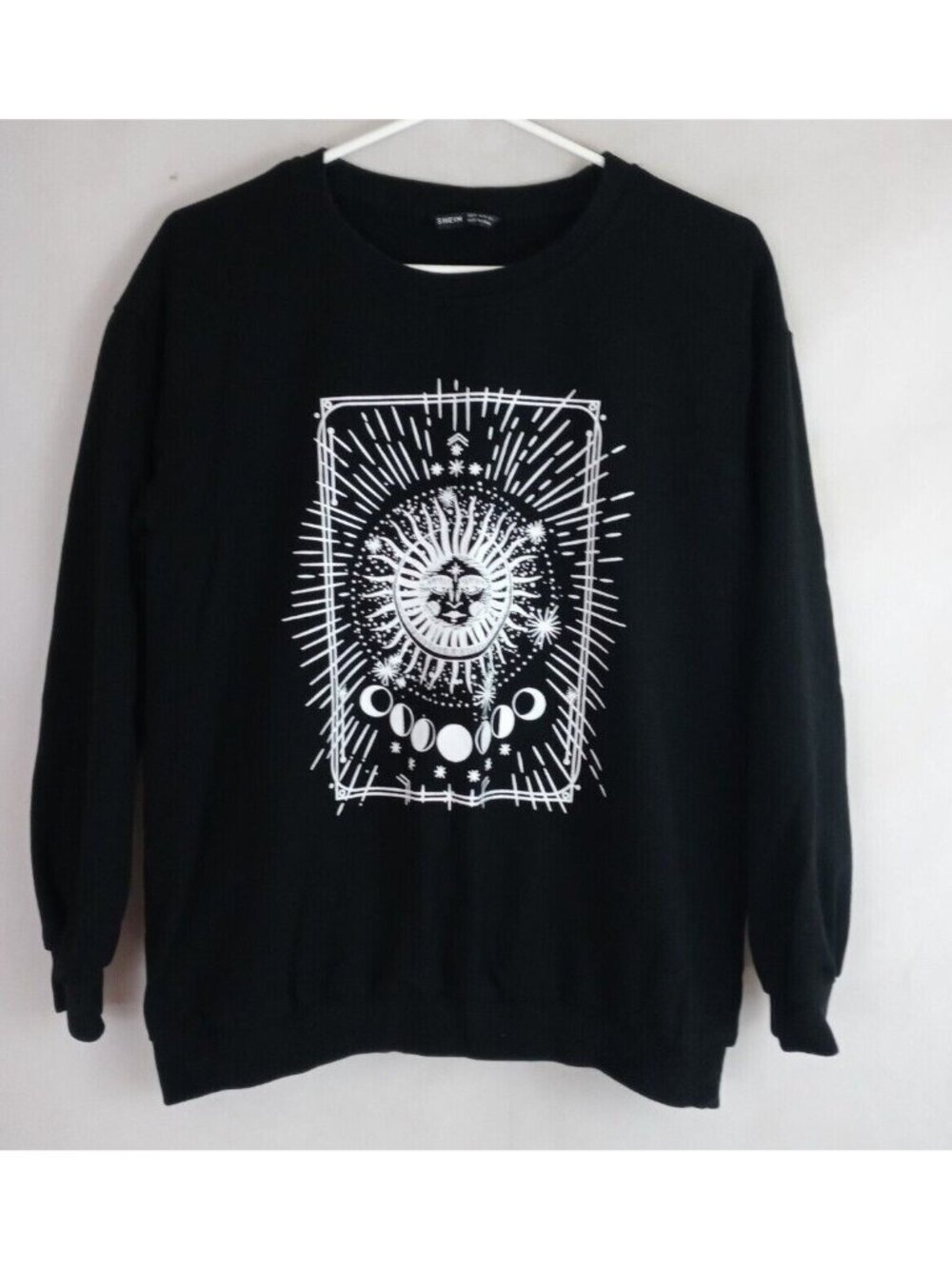 SheIn Womens's Black Sweatshirt With Beautiful White Sun & Moon Designs Size M